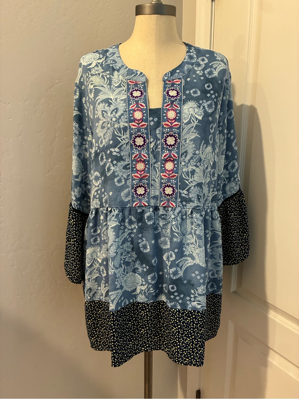 The Pioneer Woman Blue Floral Contrast-Trim Peasant Tunic Sz XXL